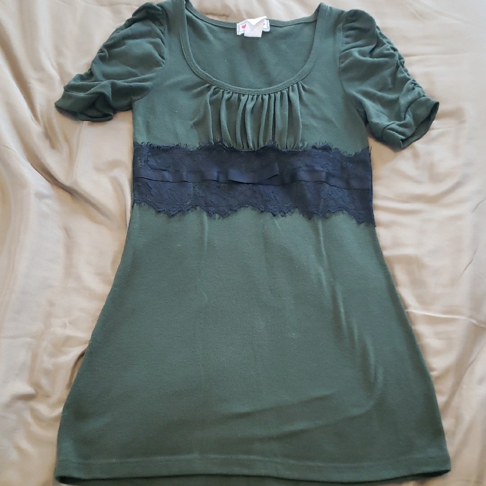 Green Blouse with Black Lace Detail